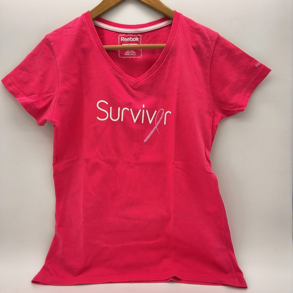 Reebok Women's Pink "Survivor" Breast Cancer Awareness V-Neck T-Shirt